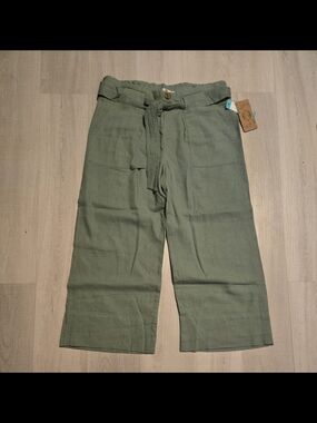 Mason & Belle Paperbag Waist Olive Cropped Wide-Leg Pants Linen Blend